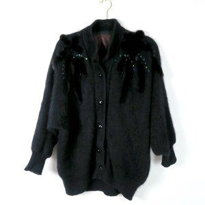 Vintage Black Fuzzy Button Up Cardigan M/L Japanese Sequin Fur Bead Embellished